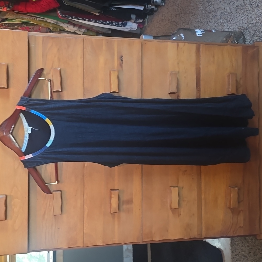 Splendid x Margarita: Linen tank dress w/ rainbow collar, Black, Small